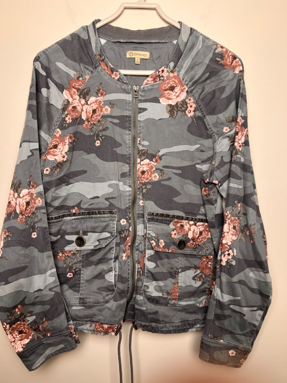 Democracy Jacket Women’s Size Large Green Gray Combo Floral Zip Up Bomber